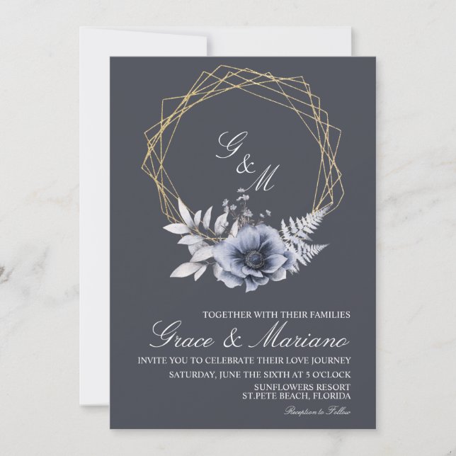 Elegante Monograma Invitación a la Boda Azul Flora (Anverso)