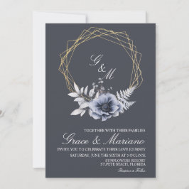 Elegante Monograma Invitación a la Boda Azul Flora