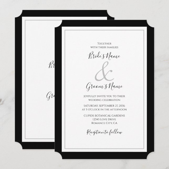 Elegante Monograma Invitación a la boda blanca y n (Anverso / Reverso)