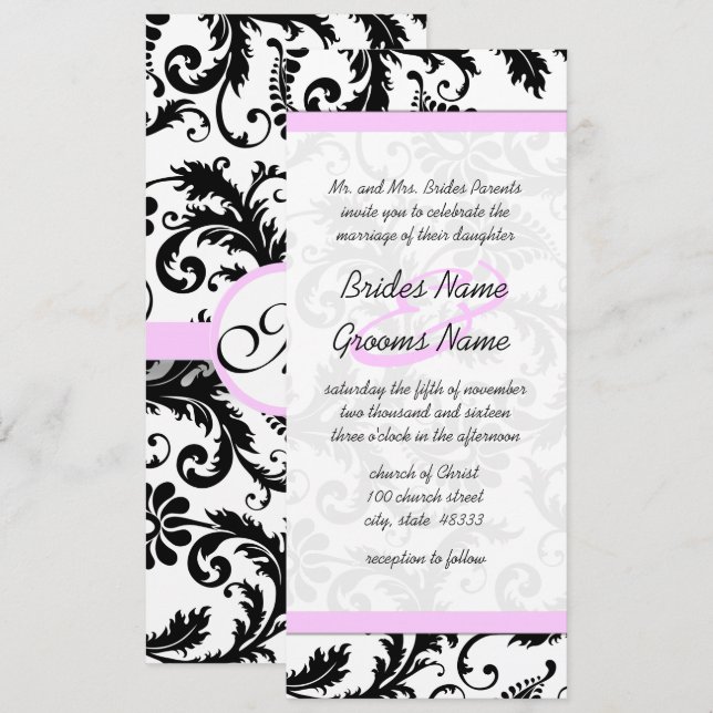 Elegante Monograma Invitación a la boda de Damasco (Anverso / Reverso)
