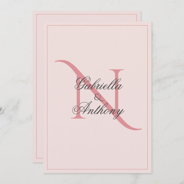 Elegante Monograma Invitación a la boda rosada ini (Anverso / Reverso)