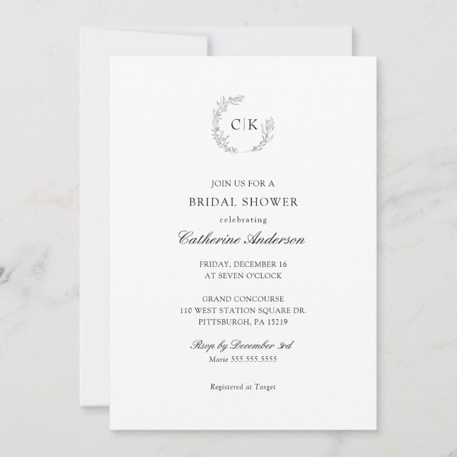 Elegante Monograma Invitación a la ducha de novia (Anverso)