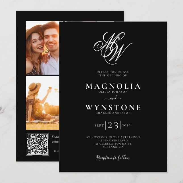 Elegante Monograma Invitación a matrimonio de códi (Anverso / Reverso)