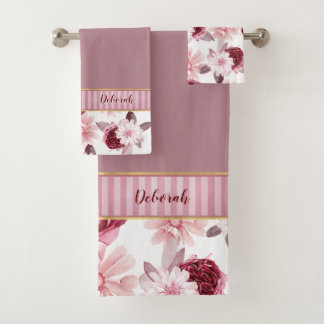 Elegante Monograma Nombre Banda Floral Borgoña Ros