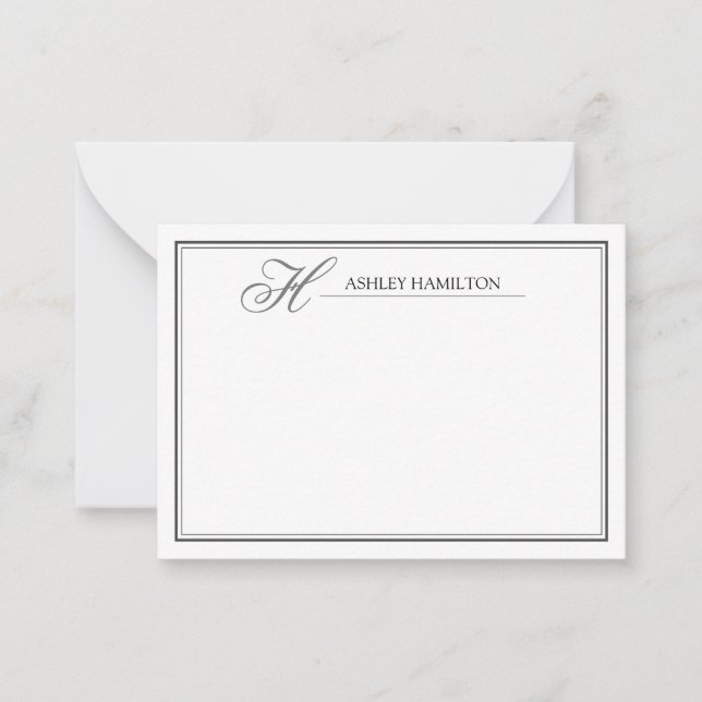 Elegante Monograma Nombre Tarjeta de Nota Gris Neg (Anverso)