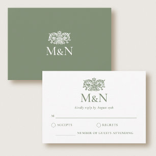 Elegante Monograma Nupcial de RSVP con Sobre Verde