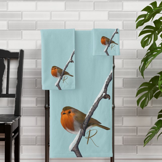 Elegante Monograma Robin Bird Azul (A robin egg blue bath towel set with space for your initial)