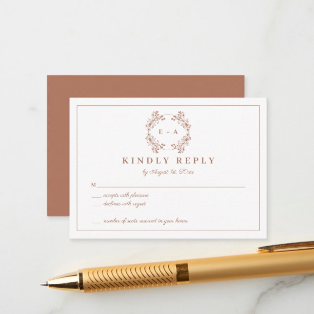Elegante Monograma Terracota Boda Tarjeta RSVP (Anverso/Reverso In Situ)
