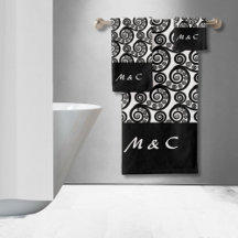 Elegante Monogramado Blanco Negro Fern Frond Swirl