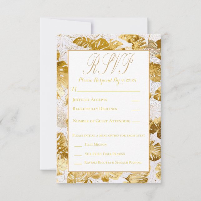 Elegante Monstera Gilded Gold Wedding RSVP (Anverso)