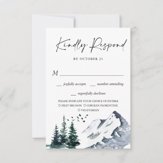 Elegante Montañas de Acuarela Boda Forestal RSVP (Anverso)