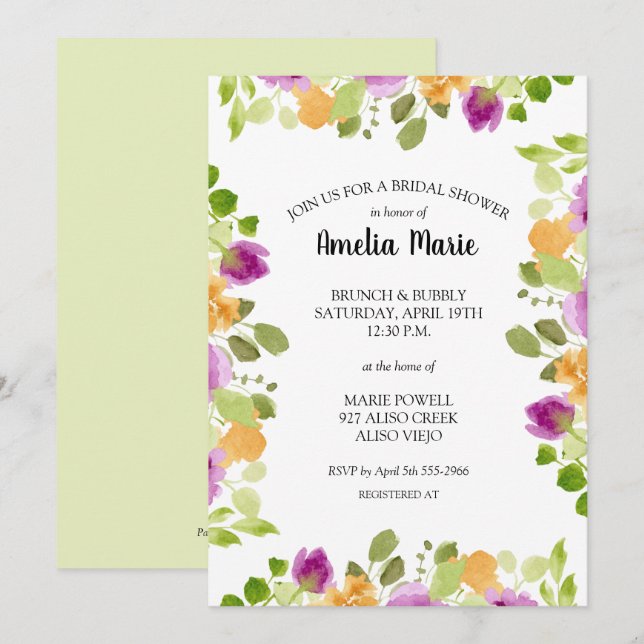 Elegante Morado Acuarela Floral Bridal Ducha (Anverso / Reverso)