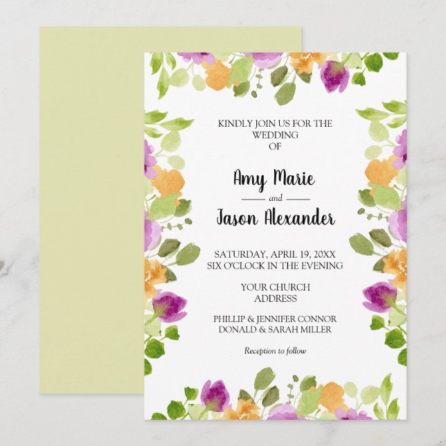 Elegante Morado Acuarela Floral Wedding Invita (Anverso / Reverso)