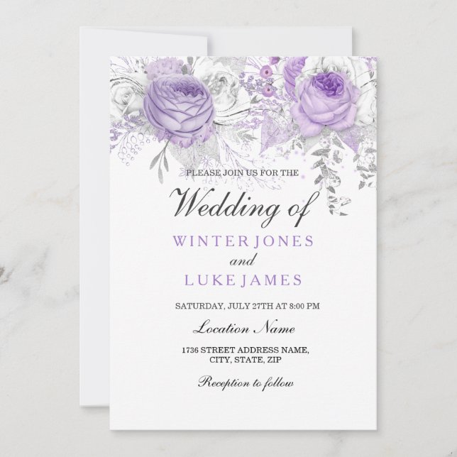 Elegante Morado Blanco Invitación a la Boda Floral (Anverso)