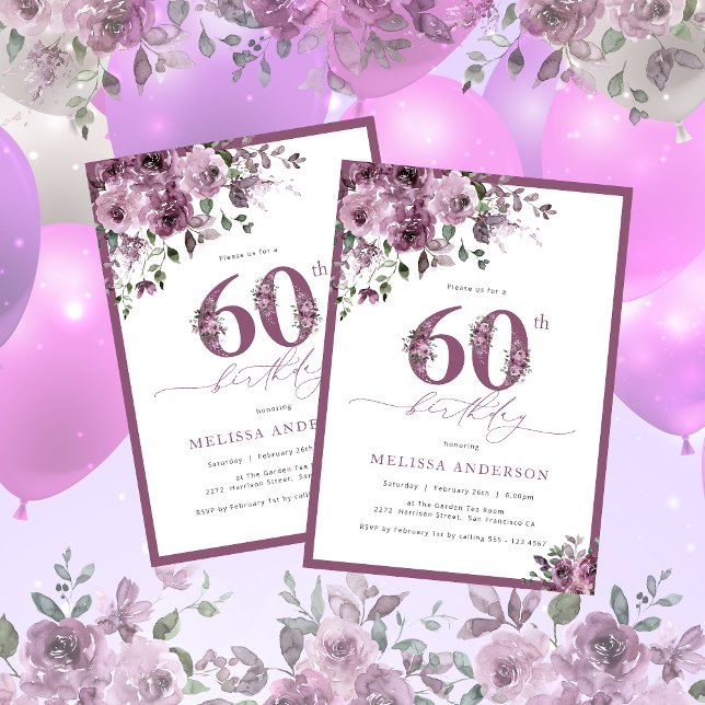 Elegante Morado Floral 60 cumpleaños Invitación (Subido por el creador)