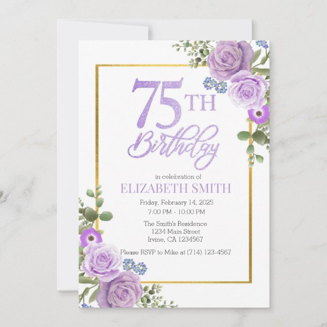 Elegante Morado Floral 75º cumpleaños Invitación (Anverso)