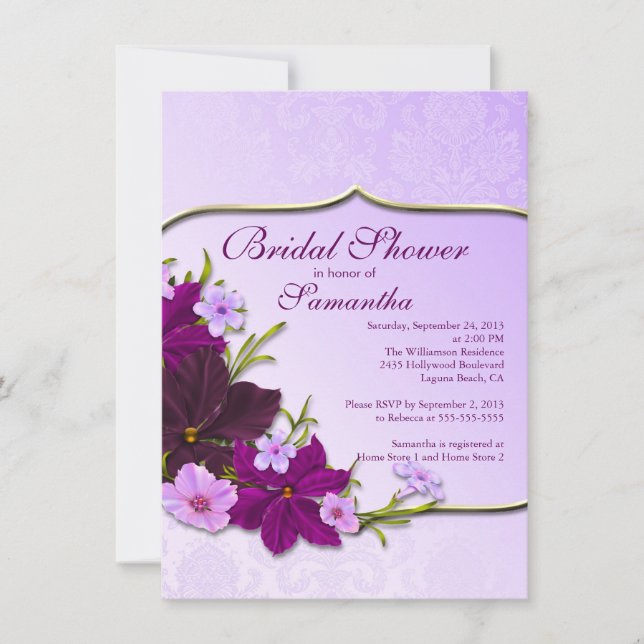 Elegante Morado Floral Bridal Ducha Invitación (Anverso)
