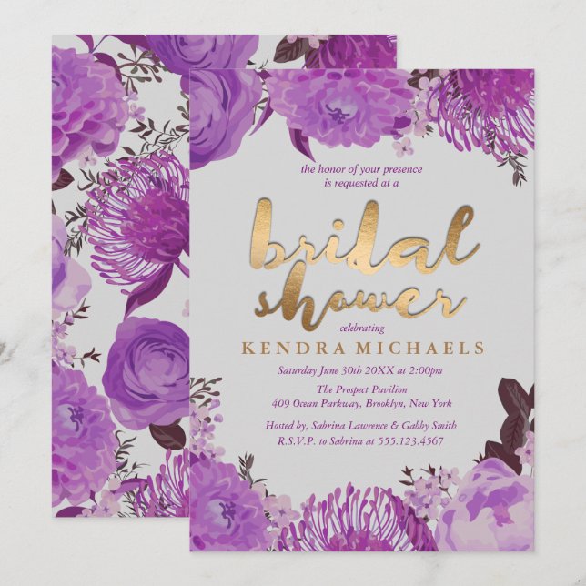 Elegante Morado Floral Bridal Ducha Invitaciones (Anverso / Reverso)