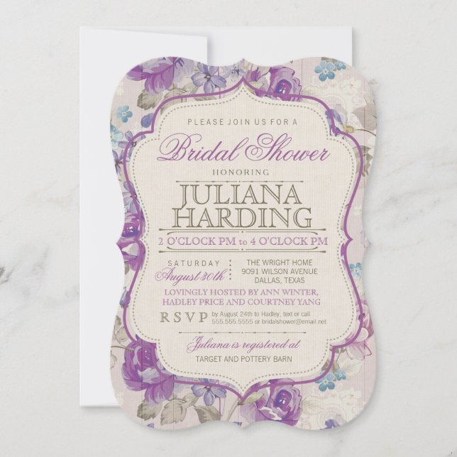 Elegante Morado Floral Bridal Shower Invitación (Anverso)