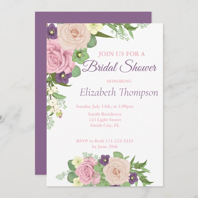 Elegante Morado Floral Bridal Shower Invitación (Anverso / Reverso)