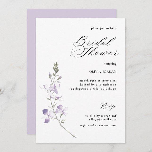 Elegante Morado Floral Bridal Shower Invitación (Anverso / Reverso)