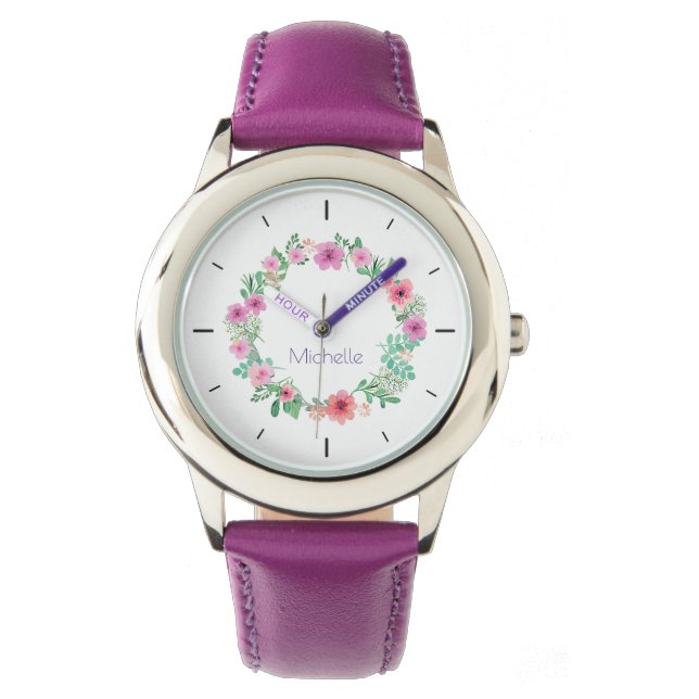 Elegante morado floral nombre reloj femenino (Anverso)