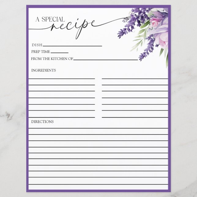 Elegante Morado Floral | Tarjetas de receta (Anverso)