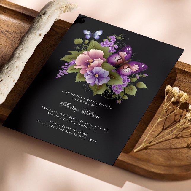 Elegante Morado Mariposa Bridal Shower Invitación (Personalized Elegant Purple Butterfly Bridal Shower Invitation)