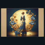 Elegante mujer Art Decó en oro y azul en arte Meta<br><div class="desc">Este impresionante ilustracion art decó capta la elegancia atemporal de una mujer encapuchada en un traje azul marino, adornado con intrincados adornos florales de oro. Enmarcado por un lujoso arco dorado con motivos decorativos ornamentales y delicadas flores azules y doradas, la composición exuda sofisticación y glamour vintage. La armoniosa mezcla...</div>