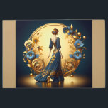 Elegante mujer Art Decó en oro y azul en arte Meta<br><div class="desc">Este impresionante ilustracion art decó capta la elegancia atemporal de una mujer encapuchada en un traje azul marino, adornado con intrincados adornos florales de oro. Enmarcado por un lujoso arco dorado con motivos decorativos ornamentales y delicadas flores azules y doradas, la composición exuda sofisticación y glamour vintage. La armoniosa mezcla...</div>