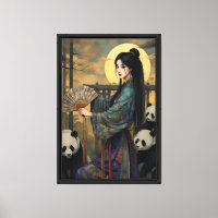 Elegante mujer asiática con pandas - Arte de luna