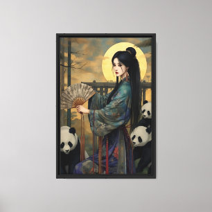 Elegante mujer asiática con pandas - Arte de luna