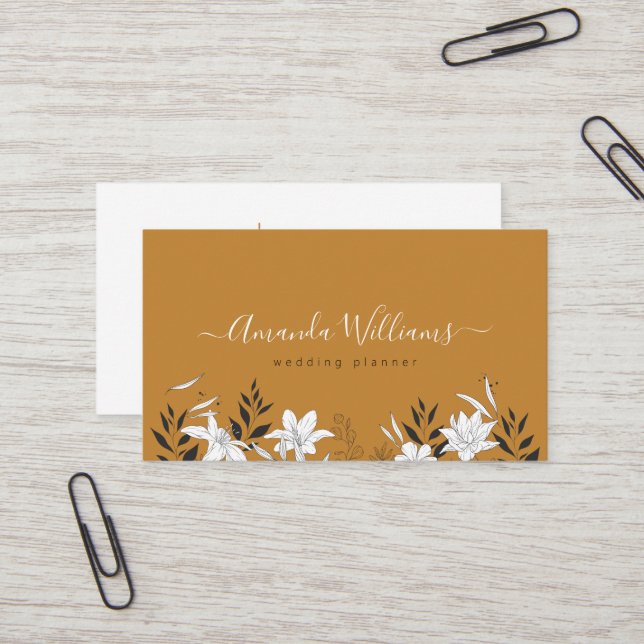 Elegante Mustard Floral QR Code Tarjeta de visita (Anverso/Reverso In Situ)