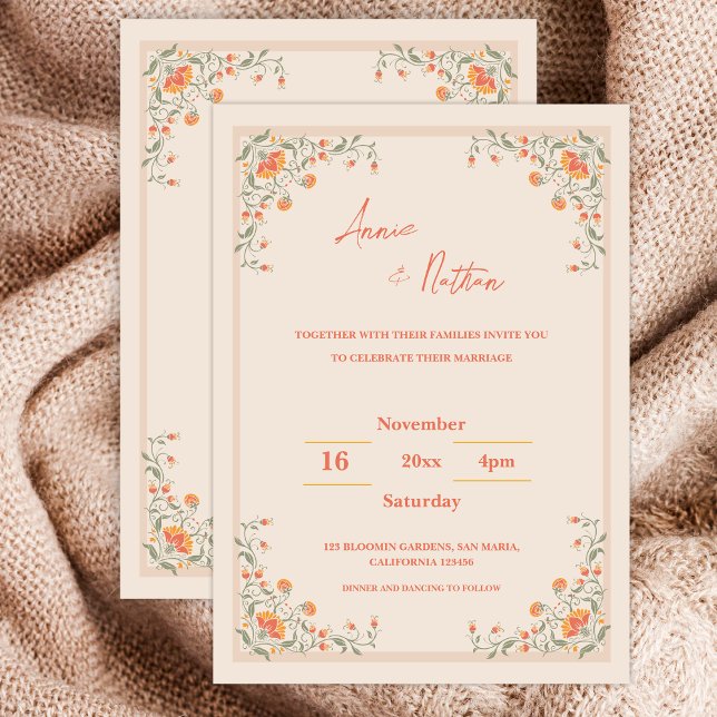 Elegante Naranja con marco floral Invitación a la  (Elegant Orange Floral Frame Wedding Invitation)
