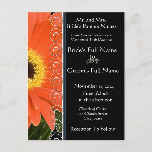 Elegante Naranja Gerber Daisy Wedding Invitación (Anverso)