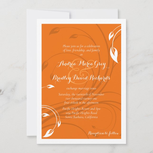 Elegante Naranja Invitación a la boda floral blanc (Anverso)