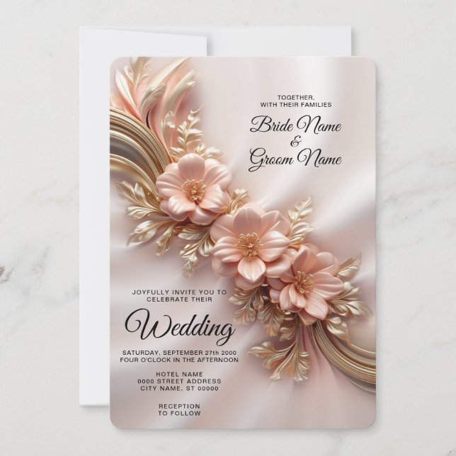 Elegante Naranja Peach Floral Wedding Invitación (Anverso)