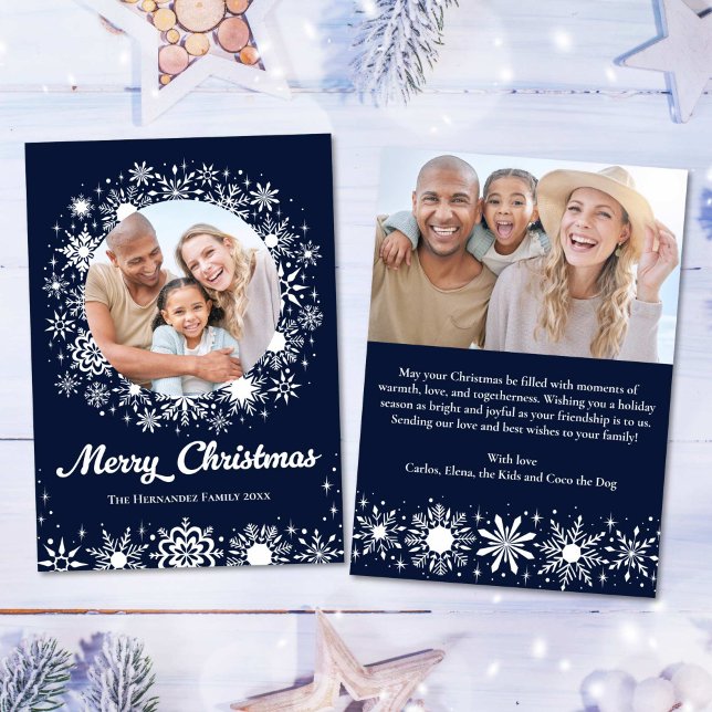 Elegante Navidad de familia de fotos de la Marina  (Stylish Snowflakes Navy 2 Photo Family Christmas Holiday Card)