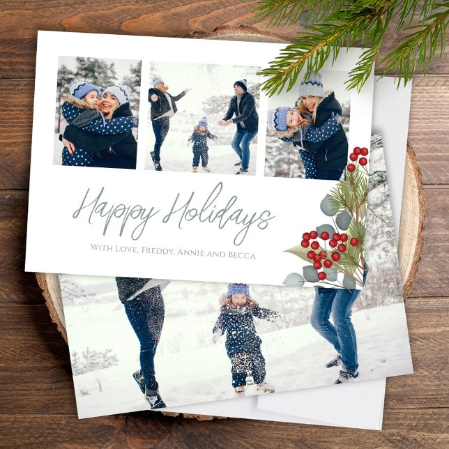 Elegante navidad de invierno Holly Berries 4 Foto (Happy Holiday calligraphy script Christmas photo card with a four photo template. )