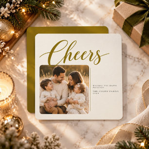 Elegante Navidad Foto Cheers en Oro Oliva Script
