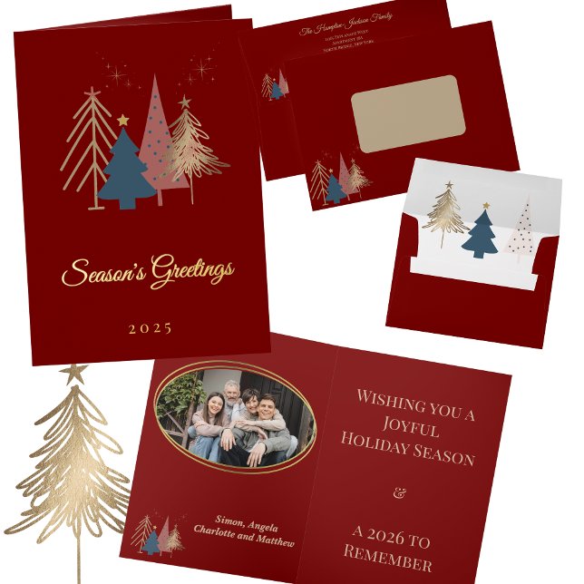 Elegante Navidades de árboles de vacaciones modern (Gold Foil Photo Graphic Trees Christmas card and Matching envelope)