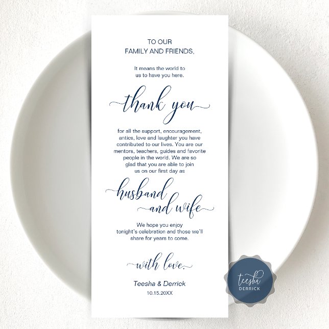 Elegante Navy Blue, Colocación de lugares Tarjeta  (Wedding Dinner or Elopement Brunch Place Setting Thank You Card, In Modern Classy Navy Blue)