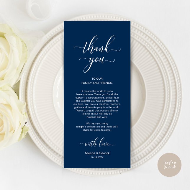 Elegante Navy Blue, Colocación de lugares Tarjeta  (Wedding Dinner Place Setting Thank You Card, Modern Classy Design, Navy Blue)