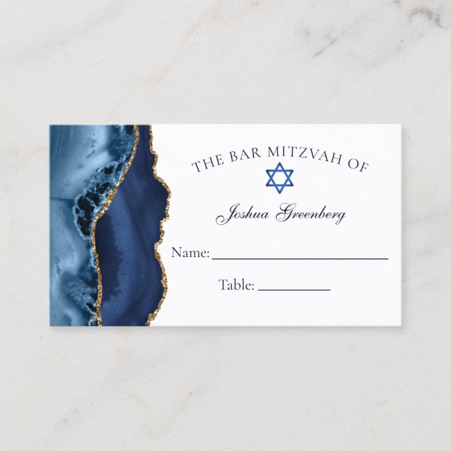 Elegante Navy Blue Gold Bar Tarjeta Mitzvah Place (Anverso)