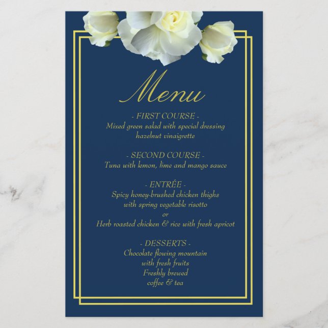Elegante Navy Blue Gold Script Menú Foto Tarjeta d (Anverso)