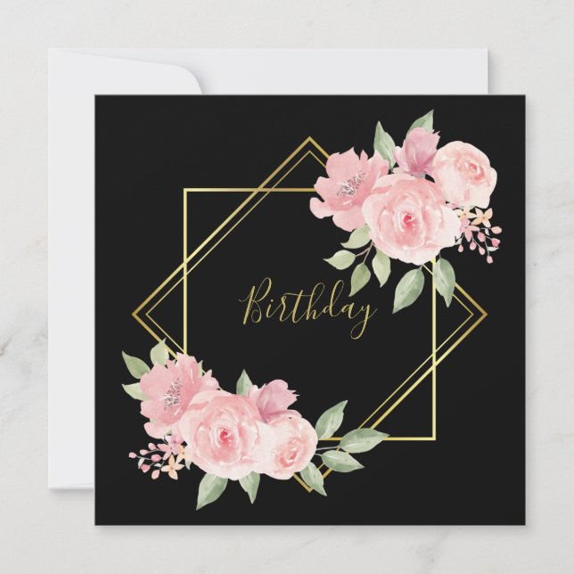 Elegante negro con rosas rosadas Invitación (Anverso)