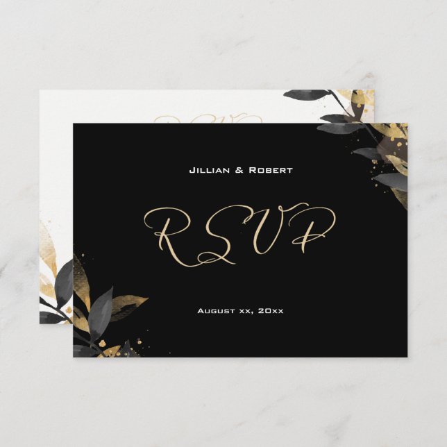 Elegante negro con tarjeta RSVP de Boda de Oro (Anverso / Reverso)