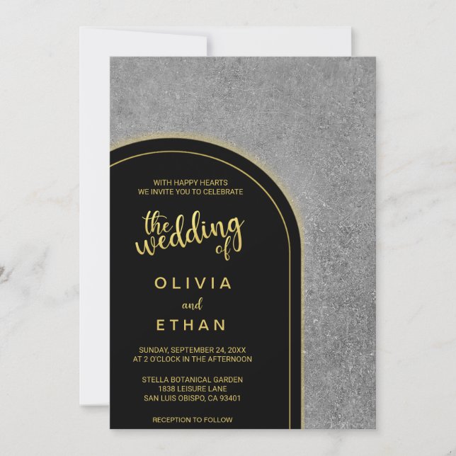 Elegante negro gris dorado rústico Boda Invitación (Anverso)