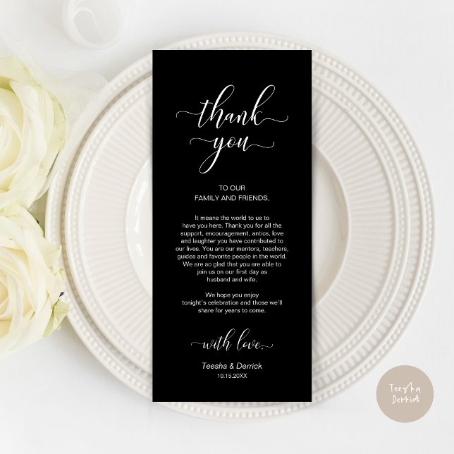 Elegante negro, posición de lugar Tarjeta de agrad (Wedding Dinner Place Setting Thank You Card, Modern Classy Design, Classy Black)