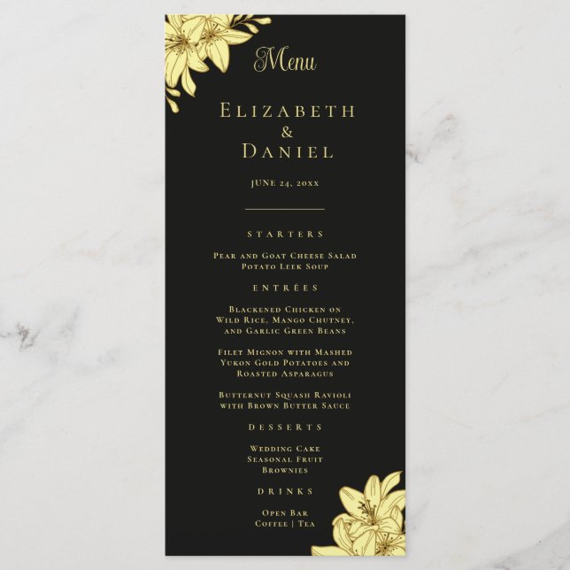 Elegante negro y oro con menú Boda de lirios (Anverso)